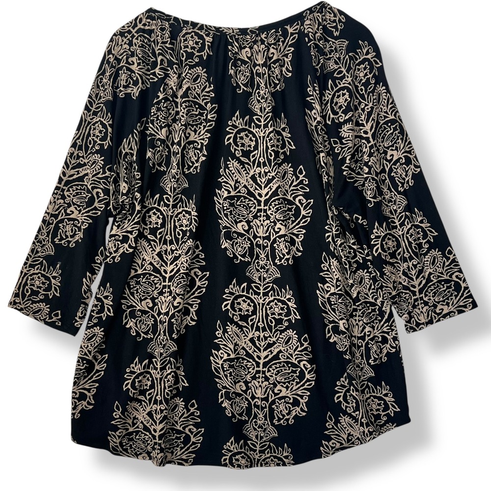 Lucky Brand 2X Blouse Black Tan Floral Damask Boho Peasant Soft Comfy Viscose - Picture 2 of 13